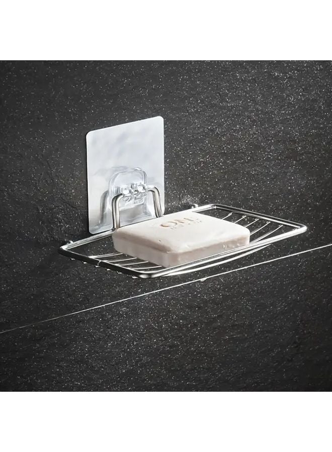Stainless Steel Soap Holder Silvery Self Adhesive Wall Mounted Bathroom Storage Box With Drain Holes - Image 2